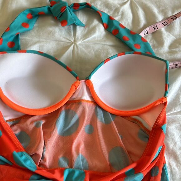 Blue and Orange Retro 70’s Polka Dot Halter Tankini Top Summer Swimwear Medium - Picture 5 of 8